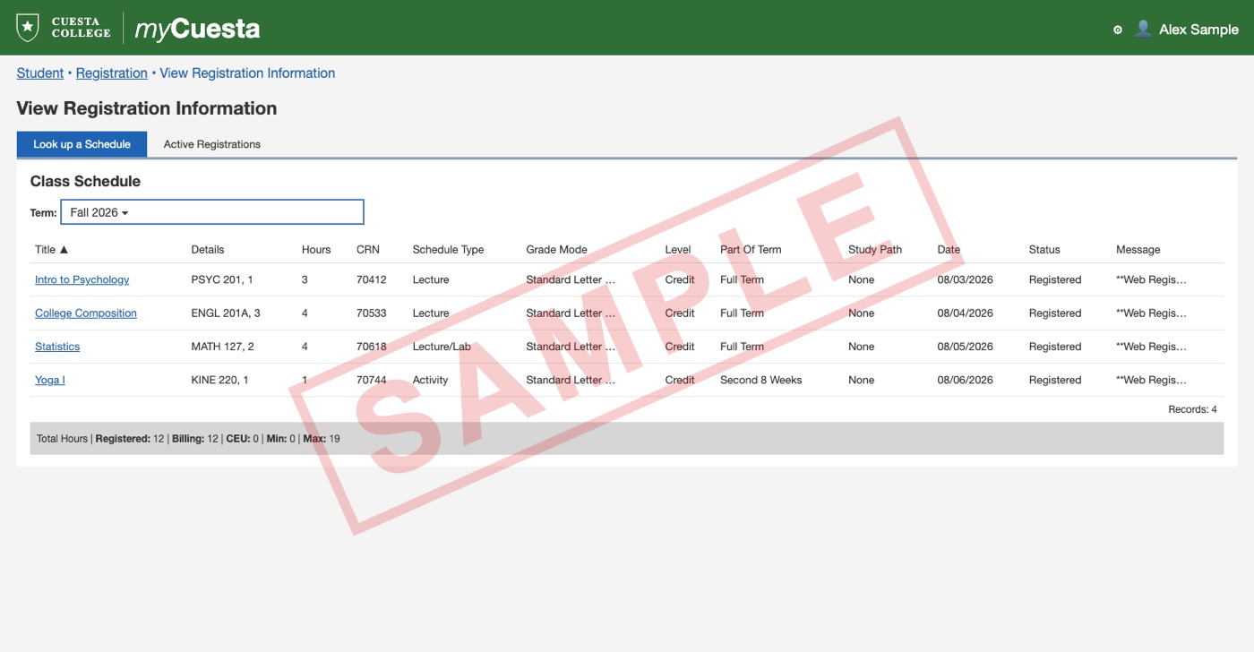 Sample: Cuesta registration